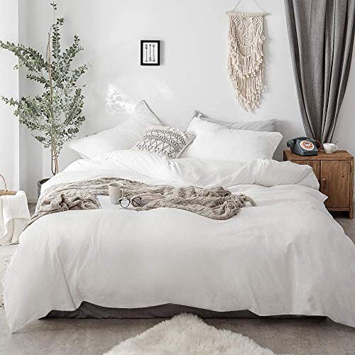 Ropa de Cama， Cotton White Super Plain Set 3 pcs Quilt Cover ith Zipper Closure 230x260cm with 2 Pillow Cover 50x75cm(White,King)