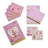 set juego de cartas reseña INCLUYE PAPEL, SOBRES, POSTALES Y PEGATINAS A JUEGO. Contiene 12 hojas de papel rayado rosa, 6 sobres a juego, 4 postales y dos láminas de pegatinas, para que puedan divertirse y crear cartas que pueden enviar a sus amigos.