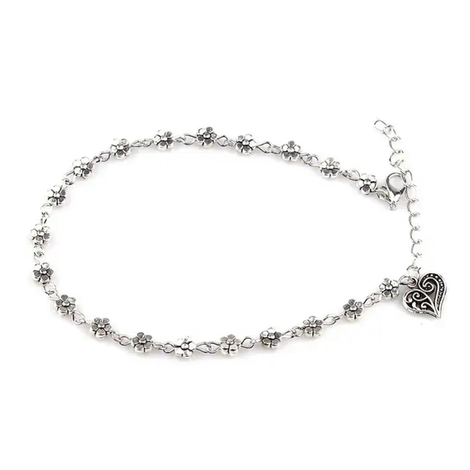 Tobillera de plata tibetana con forma de corazón y flores de ciruelo huecas for mujer,Tobilleras