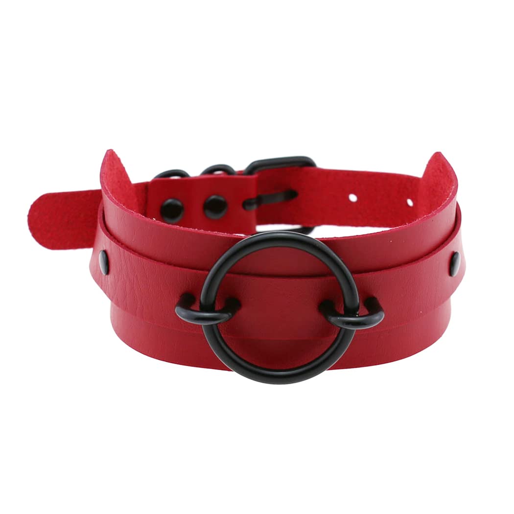 BorsgyePunk Leather Goth Choker Collar Adjustable Rock PU Leather Choker Necklaces Teen Girls Cosplay Jewelry Vintage Necklaces Black Circle – Red