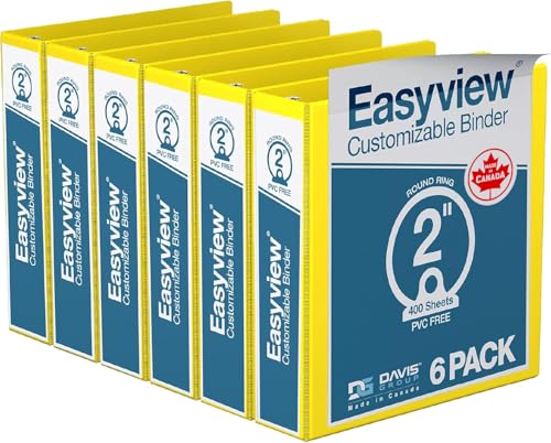 Image of Easyview 3-Ring Binder, Clear-View Cover, 2 inch Round Rings, Yellow, 6 Pack | Heavy-duty binder, fits 8.5 inch x 11 inch paper, customizable cover, made in Canada, ideal for school or office use