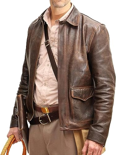 Fab Mart Men’s Vintage Raiders of The Lost Ark Distressed Brown Jacket Indiana Cosplay Costume-Harrison American Bomber Coat