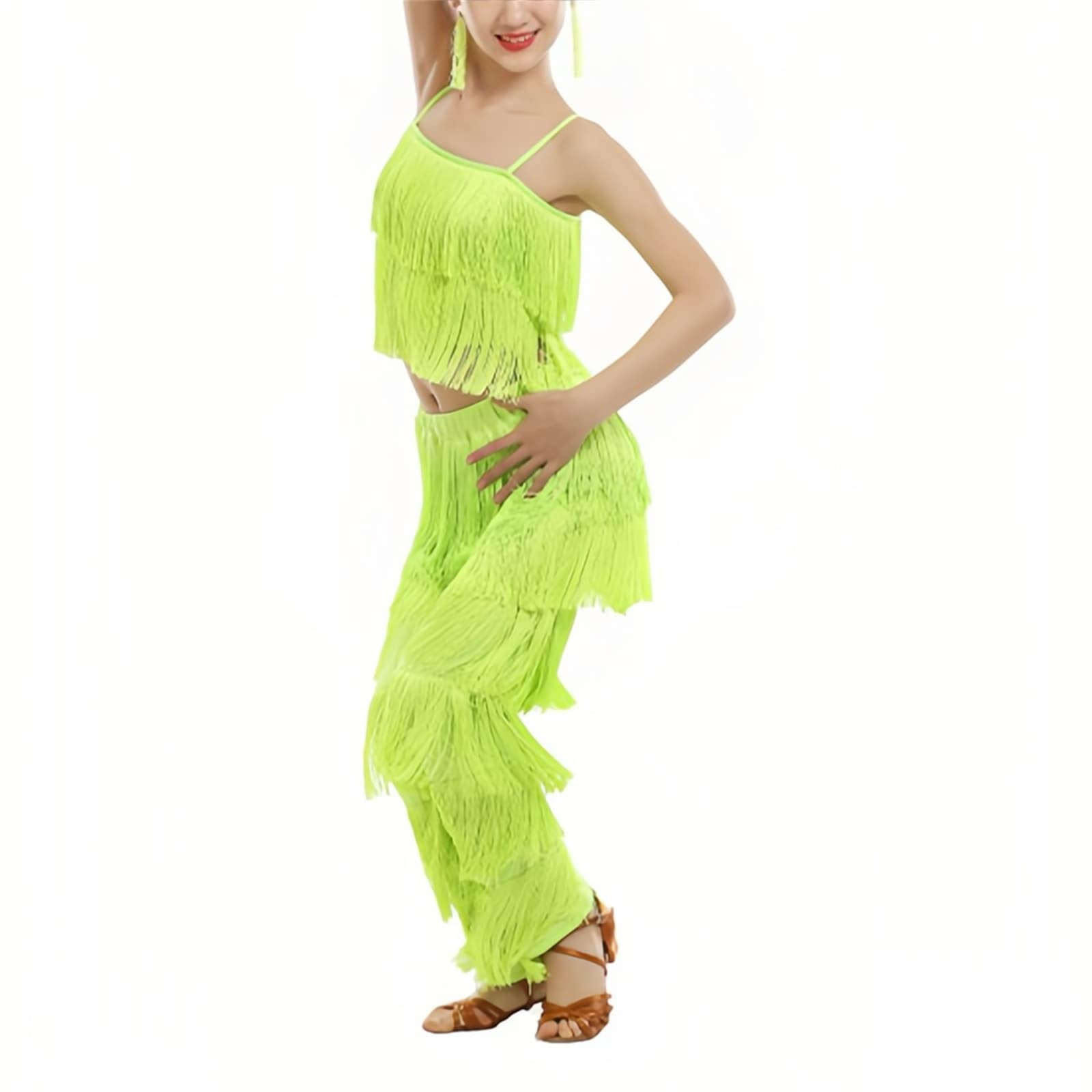 Conjunto de 2 piezas de disfraz de baile latino para niñas, camisola con borlas, pantalones con flecos, trajes modernos de salón de salsa