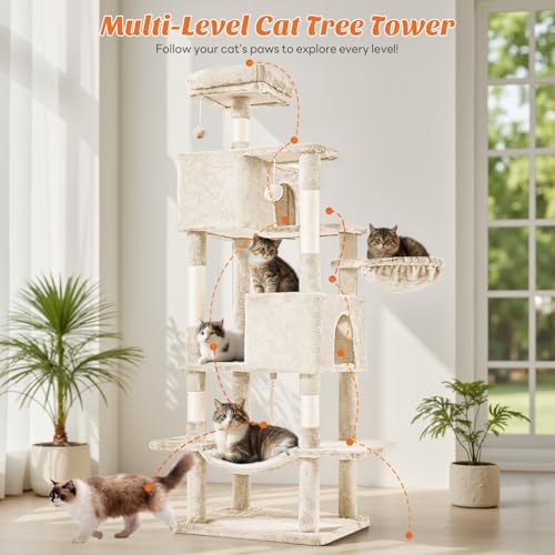 Image of Sweetcrispy 66 Inch Cat Tree Tower, Multi Level Cat Climbing Tower with Natural Sisal Scratching Posts, Hammock, Pet Condo for Indoor Cats and Kittens Play, Beige