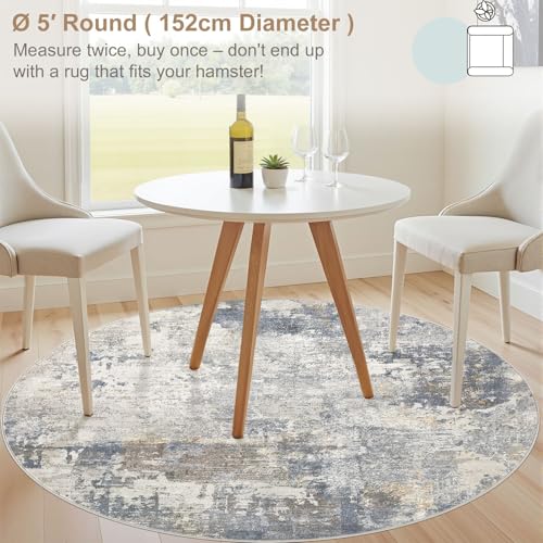5ft Round Area Rug Living Room Rugs - 5x5 Washable Neutral Modern Abstract Soft Thin Rug Indoor Floor No Slip Rug Carpet for Bedroom Under Dining Table Home Office Decor - Blue Grey