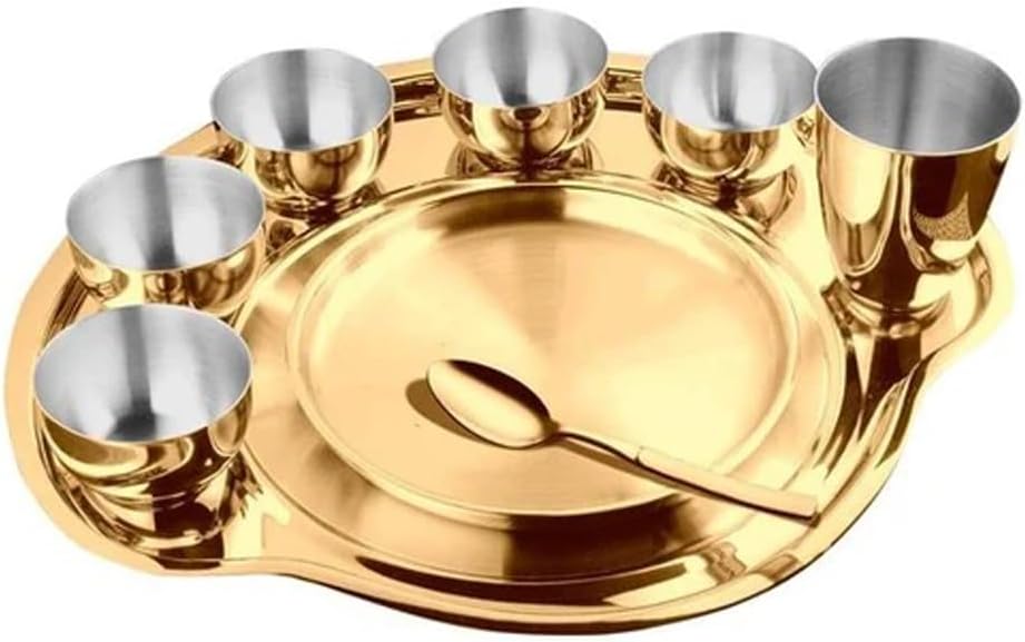 Prabha Stainless Steel Dinner Set of 9 Pcs | Shagun Rajwada Gold Thali Set For Serving | Bhojan Thal Kitchen Dinnerware Set Ideal Gifting Anniversary, Wedding | Durable, Cleanable, Useable, High Grade