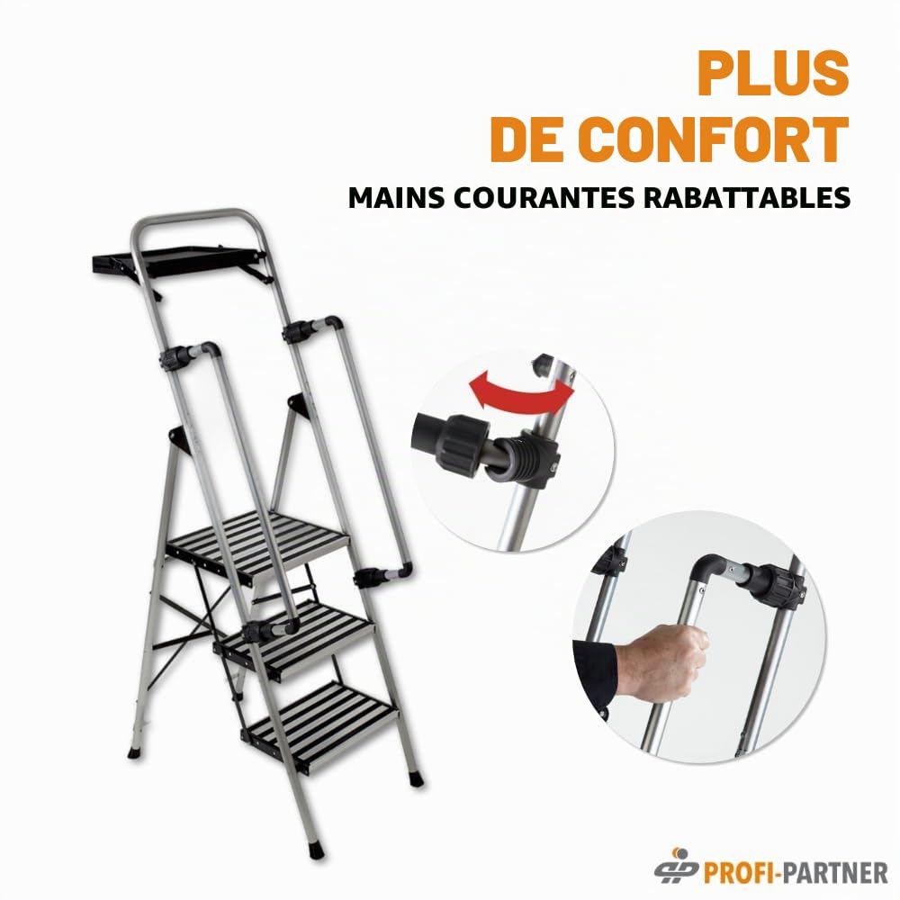 Échelle de sécurité en acier - Marchepied pliable - 3 marches - Plateforme antidérapante - Certifié TÜV - Marche sûre - Robuste - Jusqu'à 150 kg