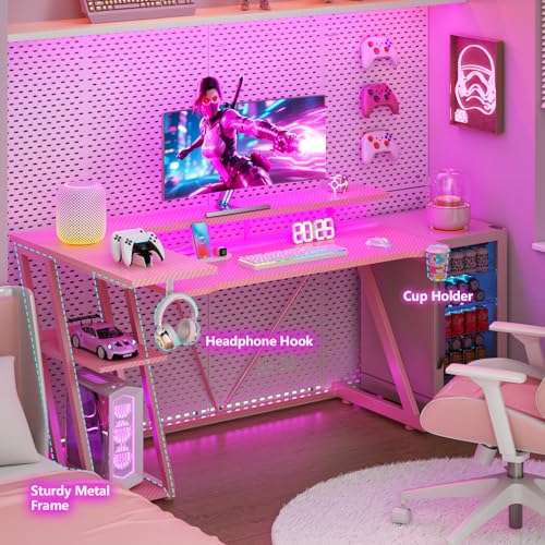 Image of Korfile 55 Inch Pink Gaming Desk with Power Outlet & LED Lights, Corner Computer Desk with 3 Tiers Storage Shelves, L Shaped Gaming Desk with Monitor Stand for Bedroom