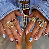 Polka dot Press on Nails Red Blue Fake Nails with Point Design Medium Almond False Nail French Tip Glue on Nails Glossy Full Cover Artificial Acrylic Star Stick on Nail for Women Manicure 24Pcs