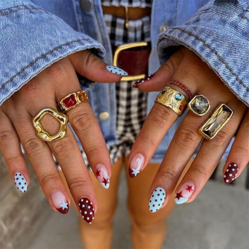Image of Polka dot Press on Nails Red Blue Fake Nails with Point Design Medium Almond False Nail French Tip Glue on Nails Glossy Full Cover Artificial Acrylic Star Stick on Nail for Women Manicure 24Pcs