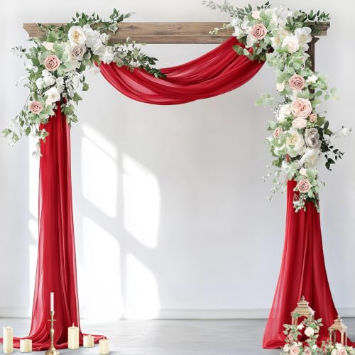Image of Socomi Wedding Arch Draping Fabric 1 Panel 29 inch x 19Ft Sheer Chiffon Curtain Drapes 6 Yards for Wedding Ceremony Birthday Party Decoration Red