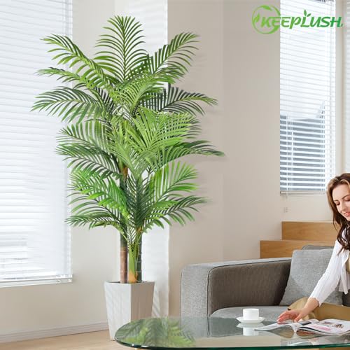 Image of 6ft Tall Triple Golden Cane Palm Artificial Tree Large Tropical Palm Tree UV Resistant Fake Plant in Pot for Indoor Outdoor Big House Living Room Outside Patio Office Home Decor 1Pack