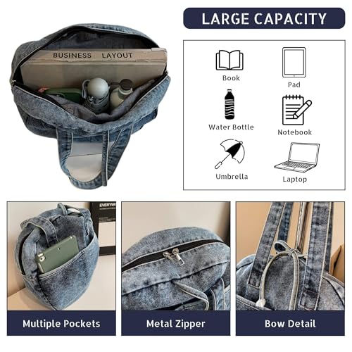 Stylish Round Denim Shoulder Bag with Bow, Lightweight Tote Bag for Women, Casual Retro Aesthetic Handbag for Work Travel3