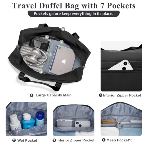 Large Travel Bag for Women, Foldable Travel Duffel Bag with Trolley Sleeve, Carry on Weekender Overnight Bag with Wet Pocket, Personal Item Bag,Black4