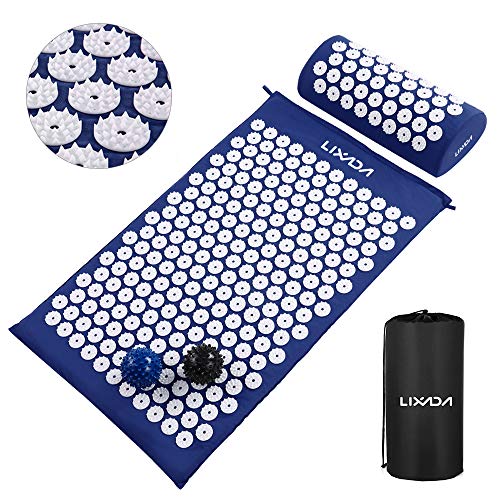Lixada Tappetino per agopressione con 2pz Massaggio con Sfere per Schiena/Collo/Piedi Sollievo dal Dolore e rilassamento Muscolare con Borsa per Il Trasporto (Blu)