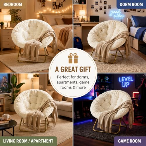Image of Simple Deluxe Saucer Chair, Round Foldable Reading Chairs, X-Large Size Cozy Papasan Chair, Comfy Furry Padded Moon Chair, Round Dorm Chairs for Bedroom Living Room, White