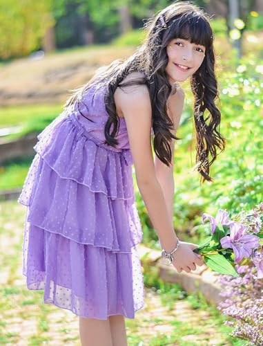 Move Dance Girls Summer Dress Tween Halter Neck Purple Violet Flared Midi A-Line Sundress Swiss Dot Sleeveless Casual Layered Chiffon Dresses with Belt 12-13 Years Old - image 6