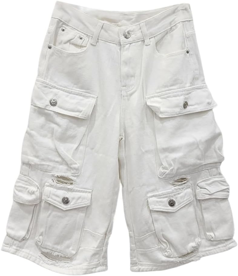 Womens Cargo Denim Shorts with Multi-Pocke Casual Wide Leg Hip Hop Capri Jeans Pants