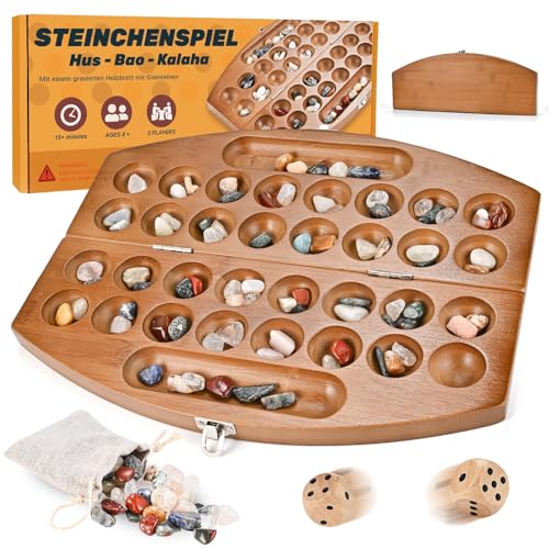 Wooderma Hus Bao Kalaha Steinchenspiel Mancala aus Holz mit Edelsteinen, Edelsteinspiel, Muschelspiel, Strategiespiel, Bohnenspiel für 2 Spieler, Geschenk zum Valentinstag