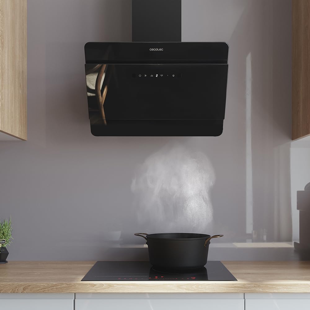 Cecotec Dunstabzugshaube Dekorativ 60 cm - Bolero Flux DT 608000 Glass Black A++. Motor 210W, niedriger Energieverbrauch, Saugkraft 800 m³/h, Touch-Control, 3 Stufen + Booster, Handbewegungssteuerung