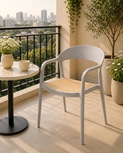 Image of Rattan Style Outdoor Chair | Set of 1 Grey Plastic Arm Chair for Garden, Balcony, Patio & Cafe | Lightweight Weather Resistant Seating | 3 Year Manufacturing Warranty