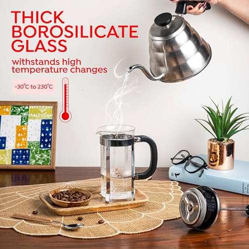Image of Sipologie Vintage French Press Coffee Maker 350ml, 4-Level Filtration System for Sediment-Free Coffee, Heat-Resistant Durable Borosilicate Glass, Silver