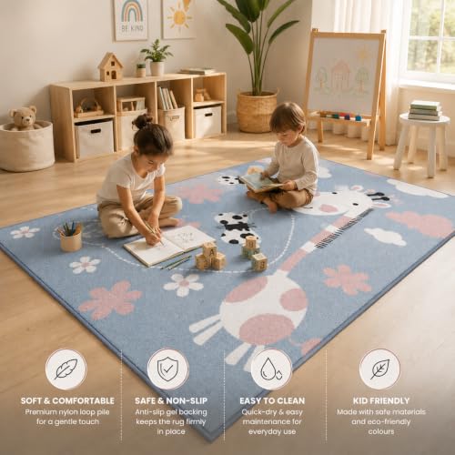 Image of Matz&More Kids Play Area Rug | 100x150 cm | Blue Pink Cute Giraffe Garden Design| Soft Nylon Loop Pile Carpet with Anti-Slip Backing | Children's Play, Bed & Classroom Floorings