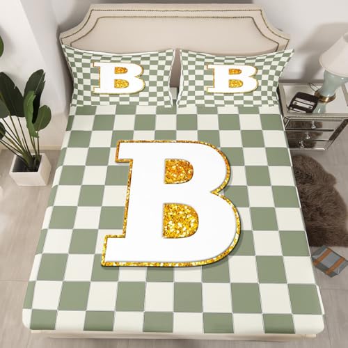 Image of Erosebridal Sage Green Checkered Sheet Set King Plaid Initial B Bed Sheets Personalized Monogram Bedding for Kids Boys Girls,Fashion Grids Gingham Bed Sheets Set 4 Piece