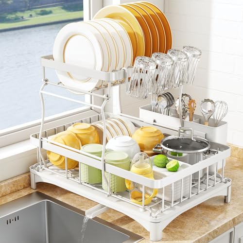 SAYZH Escurreplatos, Escurridor De Platos Desmontable De 2 Niveles, Organizador De Escurridor De Platos Gran Capacidad con Soporte para Utensilios, Estante para Tazas para Mostrador De Cocina, Blanco