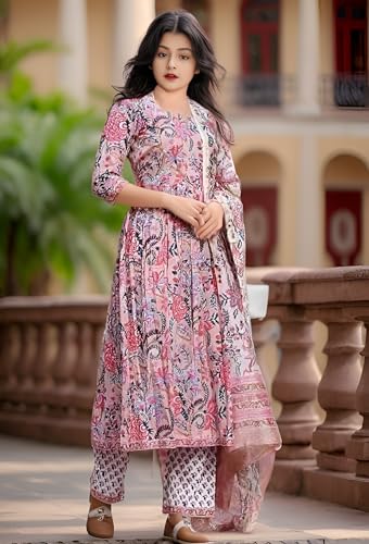 Image of Girls Printed Pure Cotton Kurta Pant with Dupatta