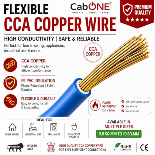 Image of CabONE 1.0 SQ.MM FR PVC Insulated Copper Electrical Wire, 90 Meter (Blue, Pack of 2) | ISI Marked Fire Retardant Single Core Cable for Home Wiring