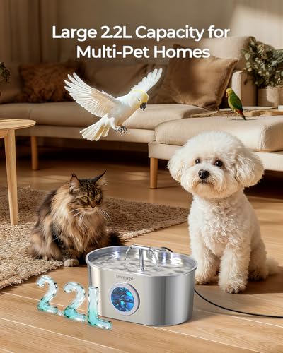 Invengo Katzenbrunnen Edelstahl, Trinkbrunnen für Katze mit 2 Trinkstellen, LED-Anzeige, Wasserstandsanzeige und 5-Fach Filtersystem - Leiser Trinkbrunnen für Katzen und Kleine Hunde, 2.2L