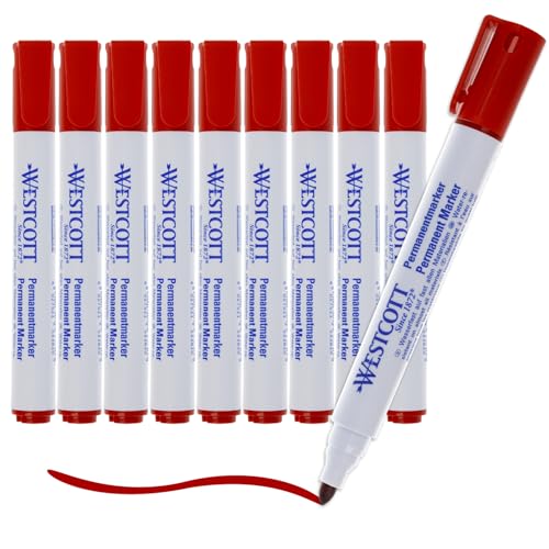 Westcott Rotuladores permanentes, 10 unidades, rojo, Rotuladores resistentes al agua, Punta redonda de 1,5-3,0 mm, Recargables, resistentes a la luz, secado rápido, E-713006 00