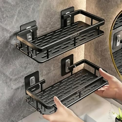 Image of EUDELE Aluminium Pack of 2, Self Adhesive Bathroom Shelf for Wall Shelf Organizer Wall Mounted Bathroom Shelves Rack Holder Stand for Bathroom Accessories Organiser Without Drill Black