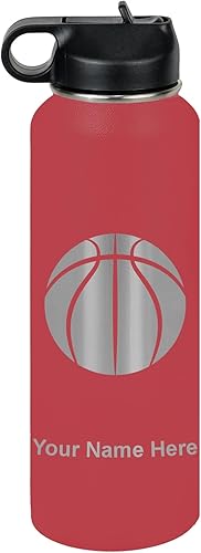 Miniatura 12 de LaserGram Botella de agua personalizada, pelota de baloncesto, acero inoxidable de doble pared aislada al vacío con popote superior, regalo grabado