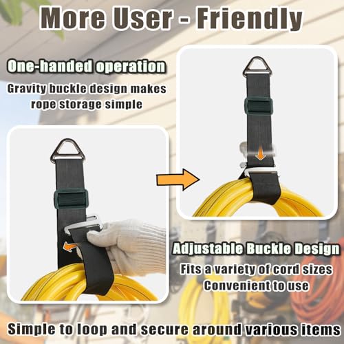 Image of One Hand Operation-1s Tighten by Gravity-Adjustable Extension Cord Organizer Holder Heavy Duty Storage Straps with Triangle Buckle Extension Cord Wall Organizers for Garage and Shed Storage (8Pcs)