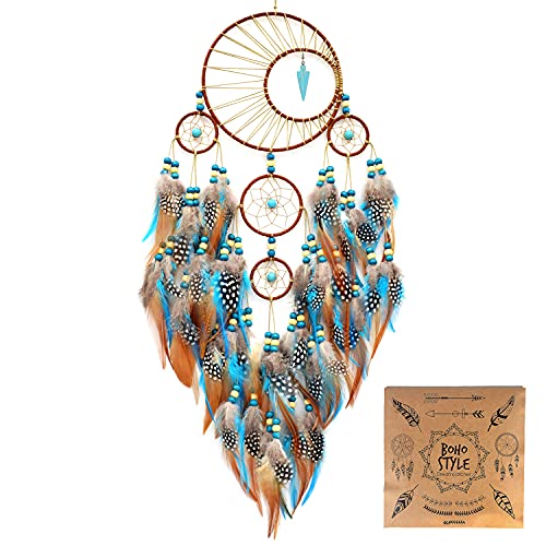 Urdeoms Large Dream Catchers for Girls Room Decor Boho Moon Dream Catcher Wall Decor Turquoise Hanging Ornament for Living Room Dorm Decor Hippie Gifts (NO.34)
