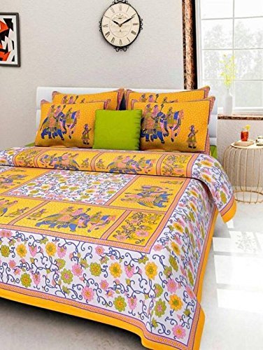 JAIPUR PRINTS 144TC 100% Cotton Rajasthani Jaipuri Printed Double Bedsheet with 2 Pillow Covers (90 X 100)