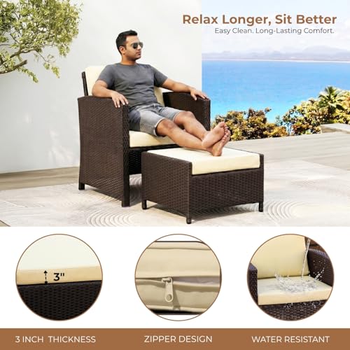Image of DEVOKO Valencia Outdoor 5 Piece All Weather Rattan Wicker Patio Sofa Set with Water Resistant Cushioned Chairs with Glass Top Table & Ottomans for Garden, Pool, Porch, Backyard (Dark Brown & Cream)