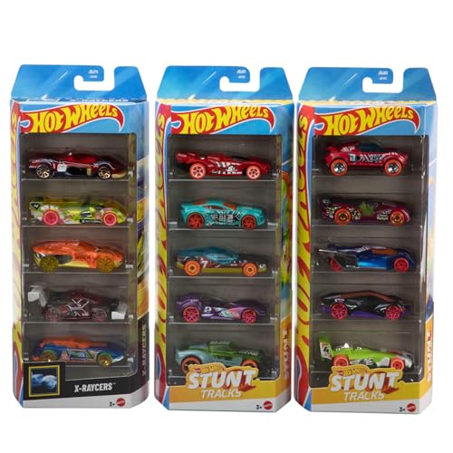 Hot Wheels Conjunto de Paquetes de 5 Coches o Camiones de Juguete, 3 Conjuntos temáticos de 5 vehículos a Escala 1:64, 15 vehículos en Total para niños, niñas y coleccionistas, JDR21