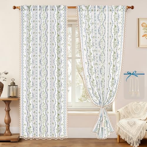 Image of Yinhua Boho Curtains for Living Room 84 Inch Length Vintage Linen Curtains for Bedroom Light Filtering Window Curtain Rod Pocket & Back Tabs Rustic Tassel Drapes with Tiebacks, Blue Green Floral