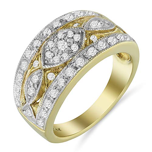 14K Two-Tone Yellow & White Gold 1/2 Cttw Diamond Vintage-Inspired Infinity Evil Eye Motif Pavé Milgrain Wide Band Fashion Ring (H-I Color, I1-I2 Clarity)