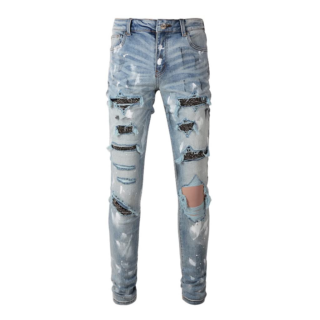 JSEIAJB Men Crystal Skinny Stretch Denim Jeans Streetwear Holes Ripped Distressed Pants Painted Patchwork Trousers