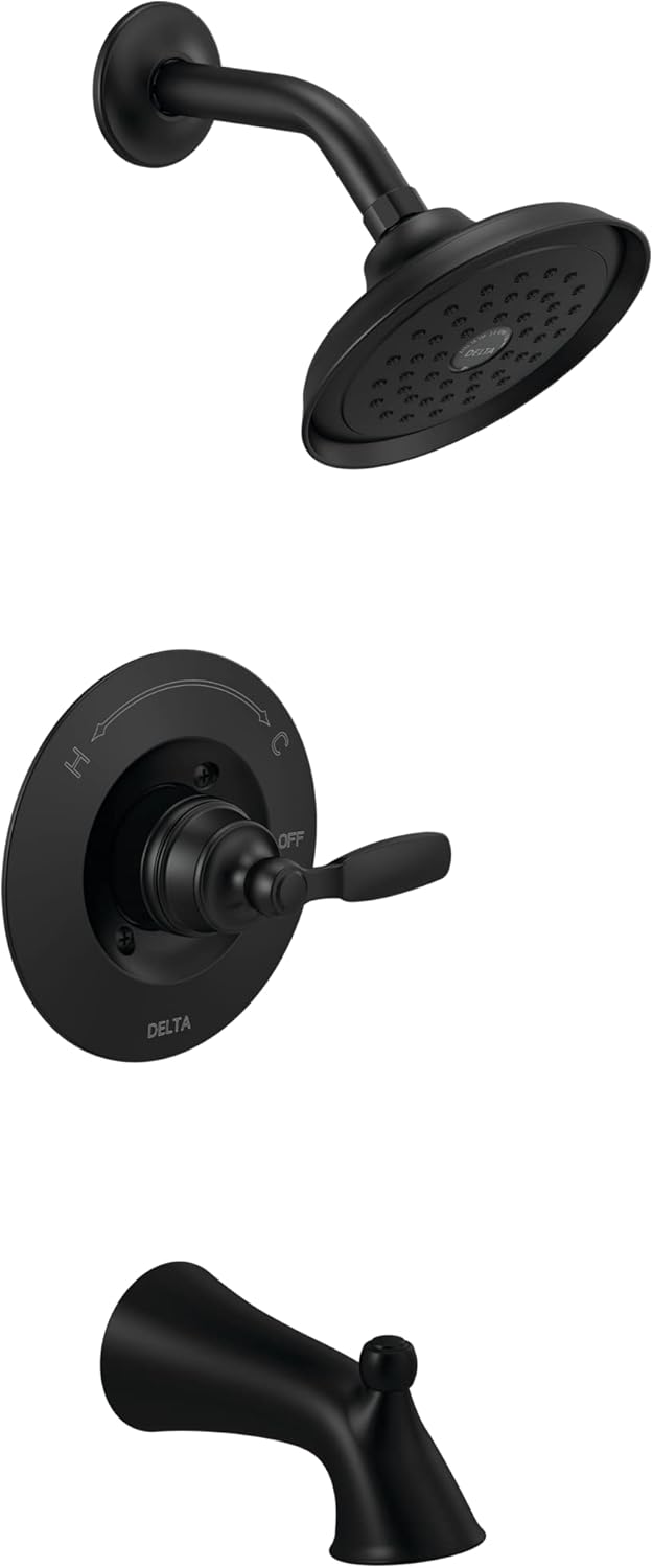 Delta Faucet Woodhurst 14 Series Single-Handle Matte Black Tub and Shower Faucet, Shower Trim Kit with Single-Spray Matte Black Shower Head, Matte Black T14432-BL (Valve Not Included)