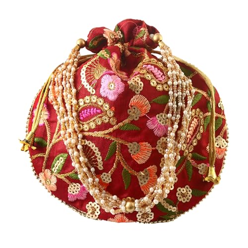Image of Handcrafted Potli Purse with Golden Floral Embroidery and Pearl Accents
