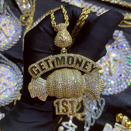Icediamond Creative Get Money First Inspiring Necklace, Full Shiny Cz Lab Diamond Big Pendant With 24'' Rope Chain, Gold Plated Hip Hop Jewelry For Men #TOP1