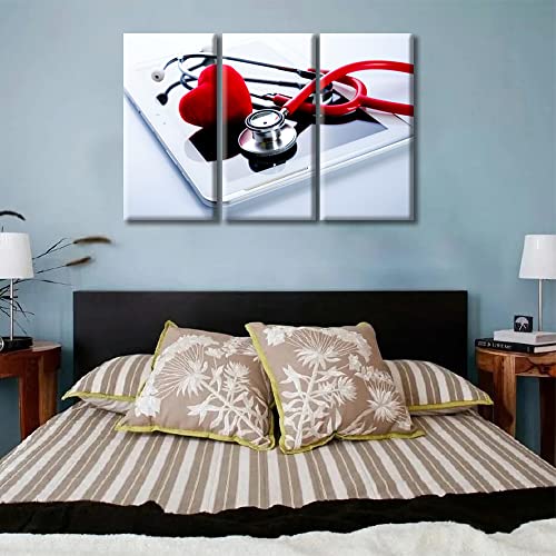 Image of TUMOVO Red Heart Stethoscope on Tablet PC Health Medical Technology Concepts Wall Decor 3 Panels Medical Pictures Wall Decor for Bedroom Framed Ready to Hang (36 inch Wx24 H)