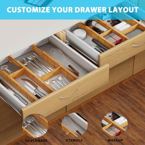 6 Pack Bamboo Drawer Dividers with 12 Inserts, Expandable Adjustable Clothes Drawer Organizers and Storage from 17" to 22" for Kitchen, Bedroom, Dresser, Cosmetics (Natural) - Image 6