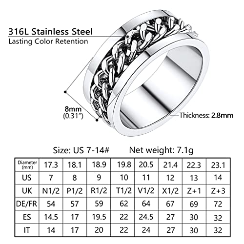 PROSTEEL Meditation Ring Punk Stainless Steel Jewelry Cuban Link Chain 8mm Size 10 Fidget Spinner Ring For Men