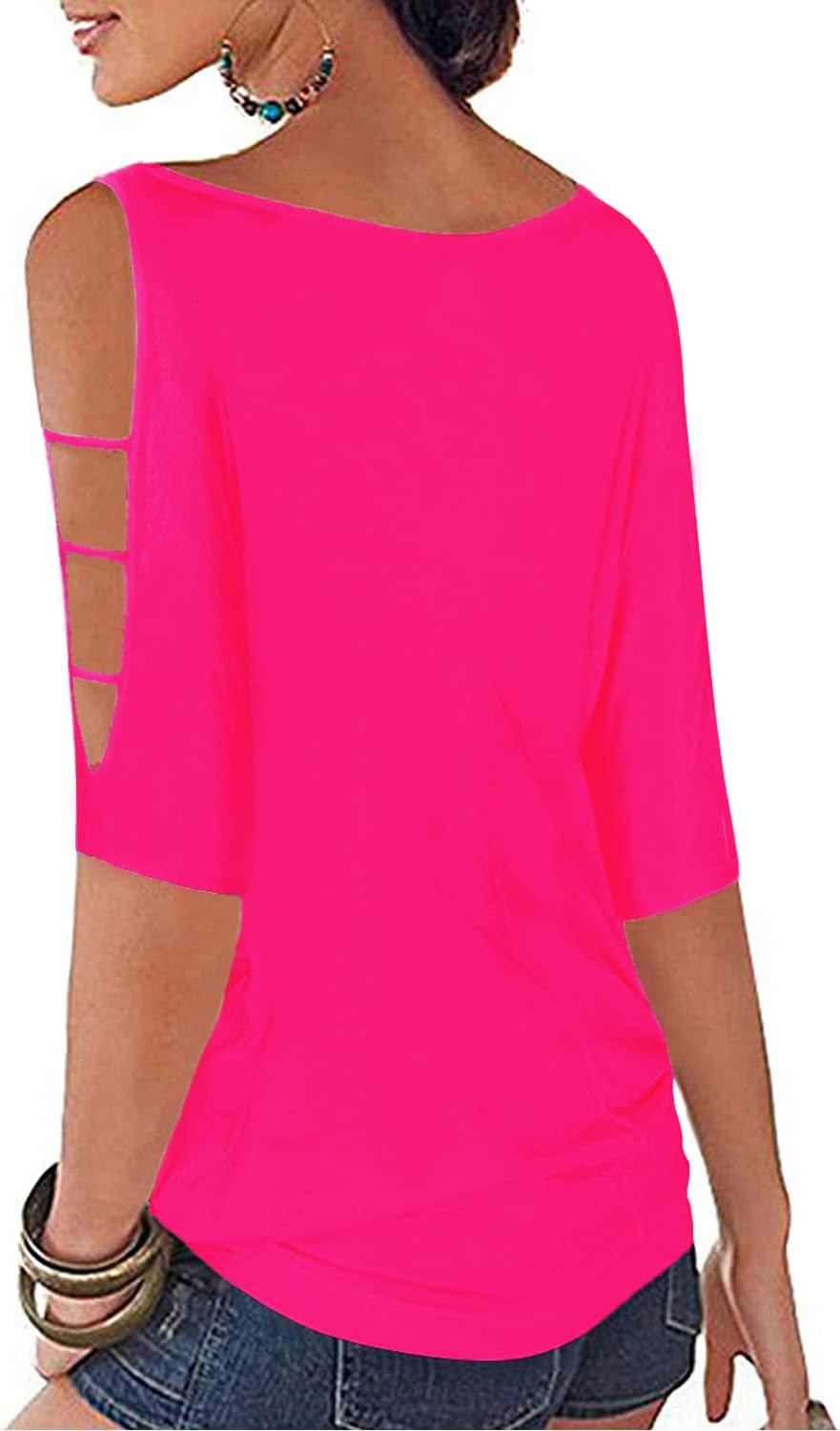 Womens Summer Cold Shoulder Tops 3/4 Sleeve T Shirts Pullover Casual Dolman Blouses - Image 2